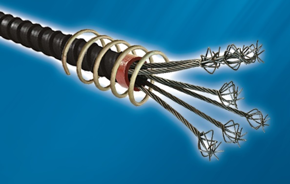 QSM固定端H型锚具体系,可将后张预应力直接传递至混凝土,由带梨形自锚头的钢绞线、支撑钢筋架、螺旋筋、约束圈及波纹管组成,梨形自锚头通过YH3压印机挤压成型,并配套ZB4-500电动油泵使用。